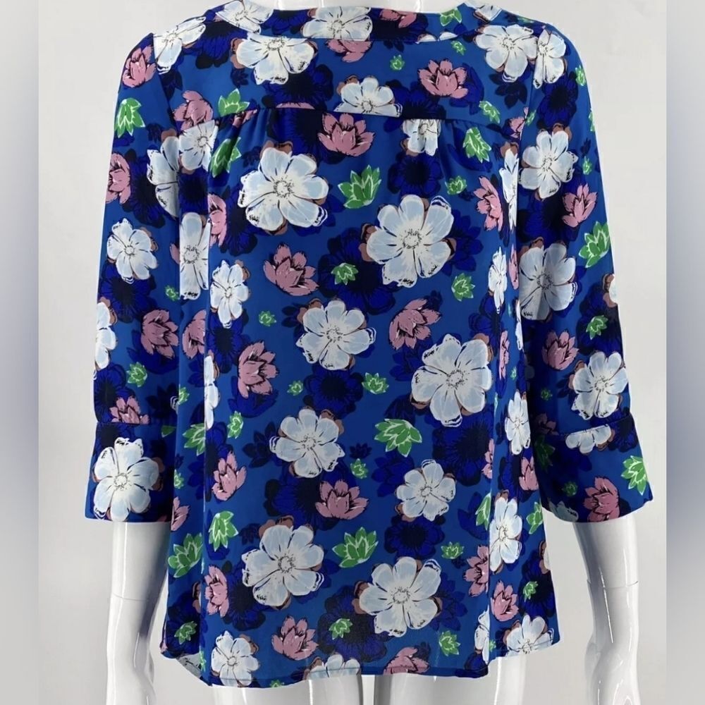 Banana Republic Back Button Blue Floral Print 3/4 Sleeve High Low Tunic Top S